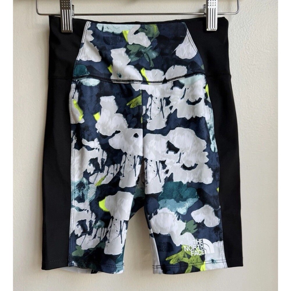 The North Face Never Stop Bike Shorts Flash Dry Blue Floral Girls Size 10 Medium